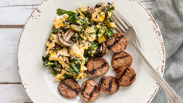 Kale, Mushroom + Egg Scramble with Chicken Sausage