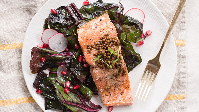 Salmon with Chard + Pomegranate