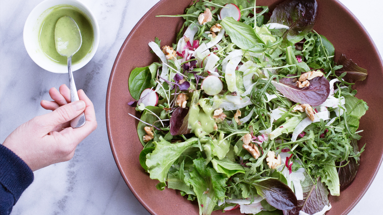 Radish + Spring Greens Salad with Radish Greens Goddess Dressing