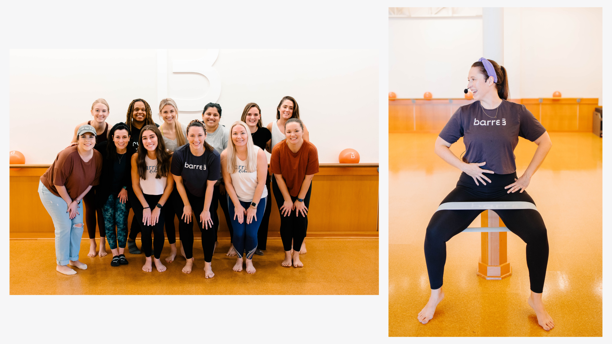 Left photo: The barre3 Richardson studio team posing together inside the barre3 studio in front of a white wall with the barre3 logo.

Right photo: Denielle Wegman wearing a headset microphone and barre3 shirt, holding a squat with a resistance band around her thighs while teaching class.