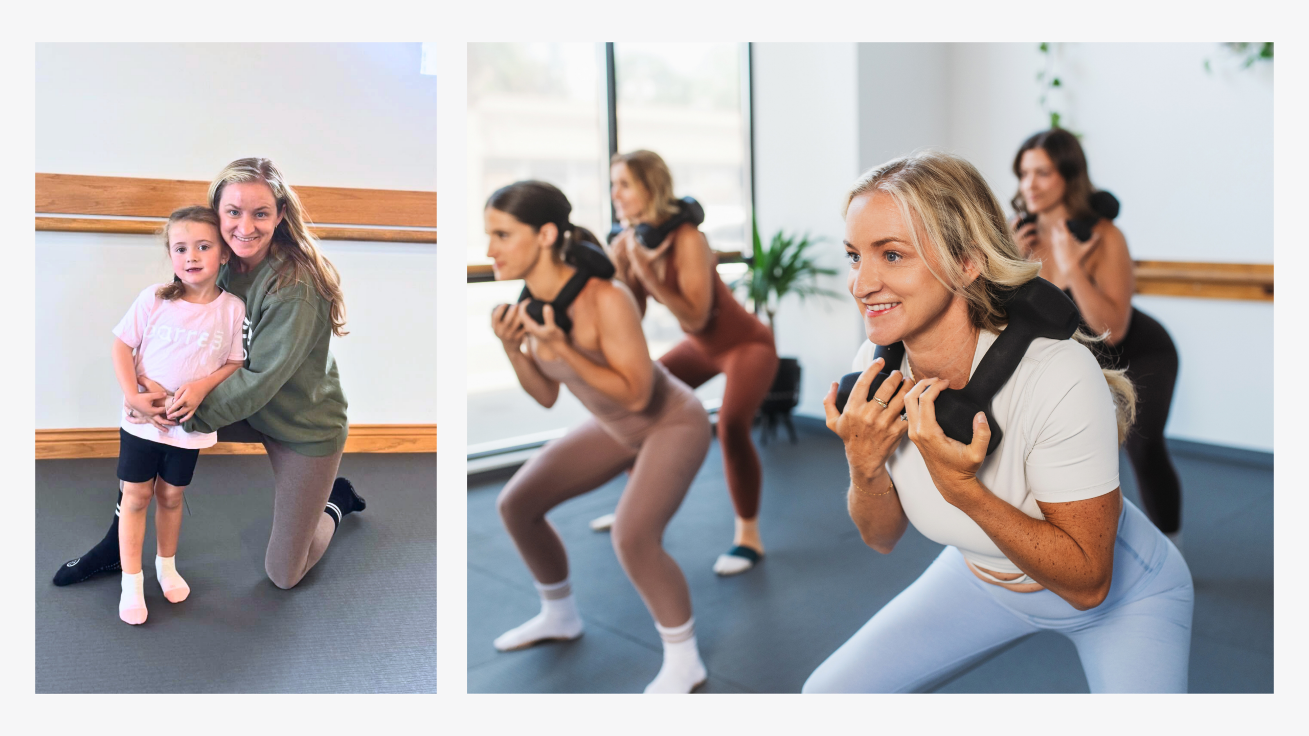 Rachael Jarosz with her daughter in the barre3 Buffalo studio; alongside Rachael leading a barre3 Buffalo strength class through a weighted squat