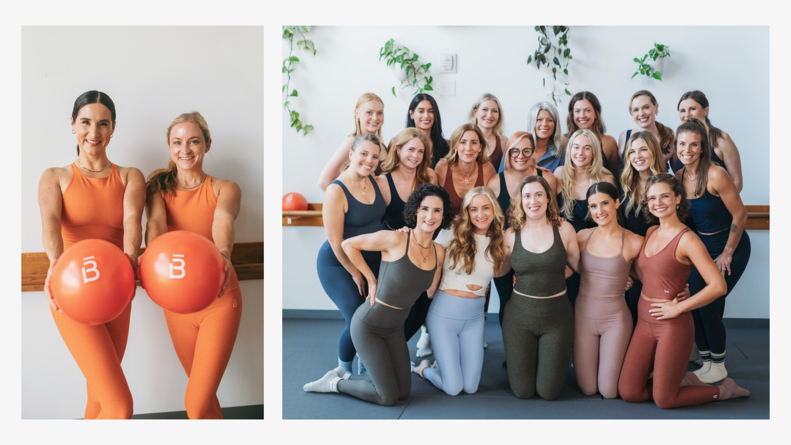 Side-by-side split image featuring two co-owners holding orange exercise balls on the left, and a large group pose of instructors and participants inside the studio on the right.