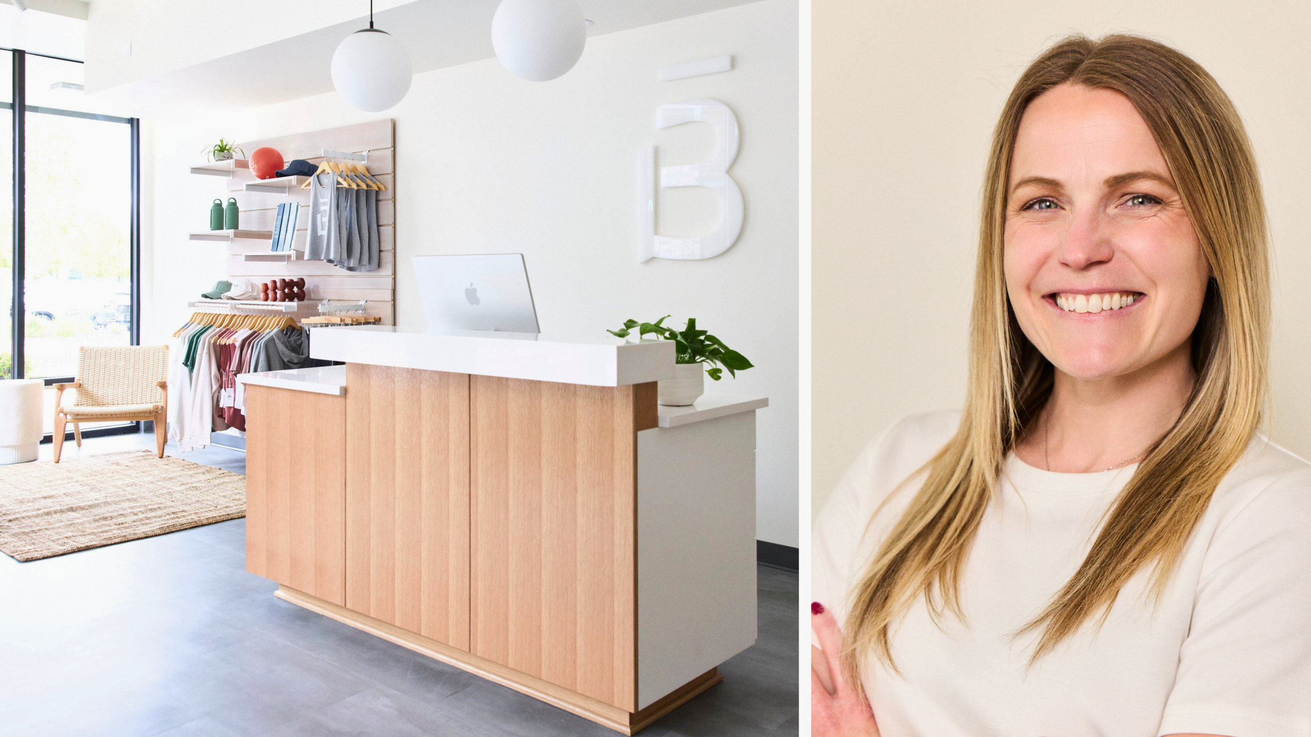 barre3 Murrayhill front desk and a headshot of studio owner Meaghan Boyd